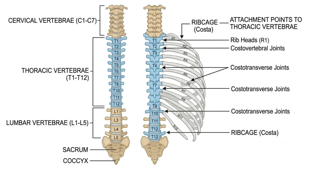 Thoracic spine anatomy diagram showing T1-T12 vertebrae causing thoracic spine pain