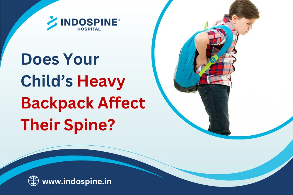 School child bending forward due to a Heavy Backpack affecting spine posture.