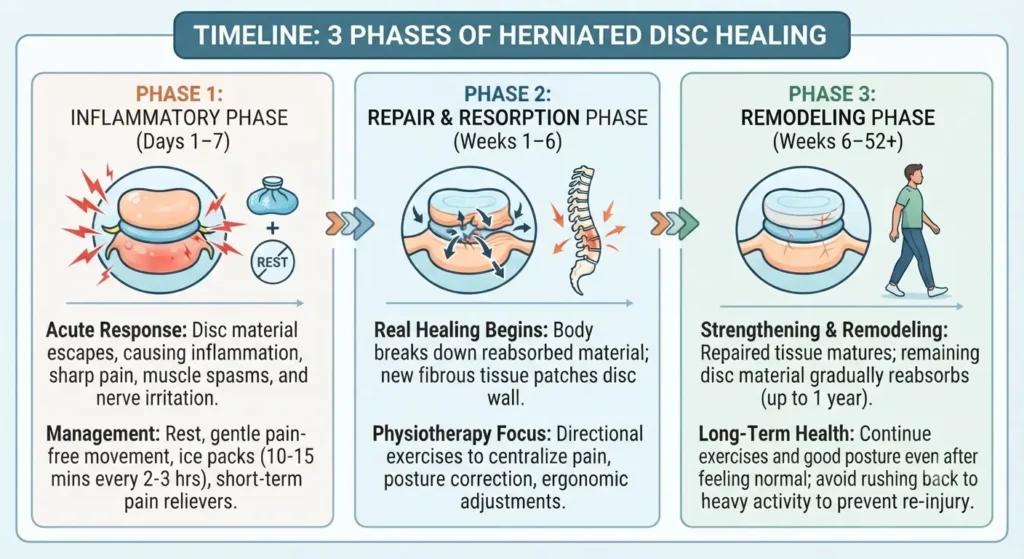 Timeline graphic showing 3 phases (Days 1-7, Weeks 1-6, Weeks 6-52) with icons for inflammation, repair, remodeling