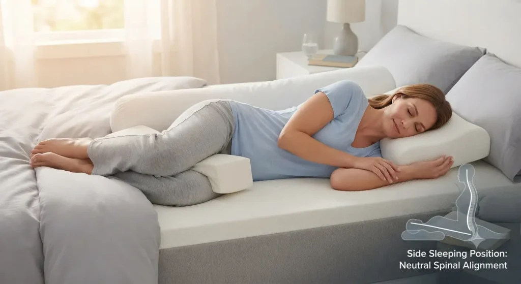 Person demonstrating correct side-sleeping posture with pillow between knees
