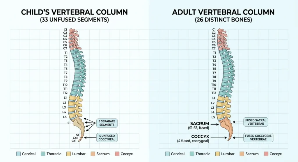 Comparison diagram showing 33 vertebrae in a child versus 26 fused vertebrae in an adult spine