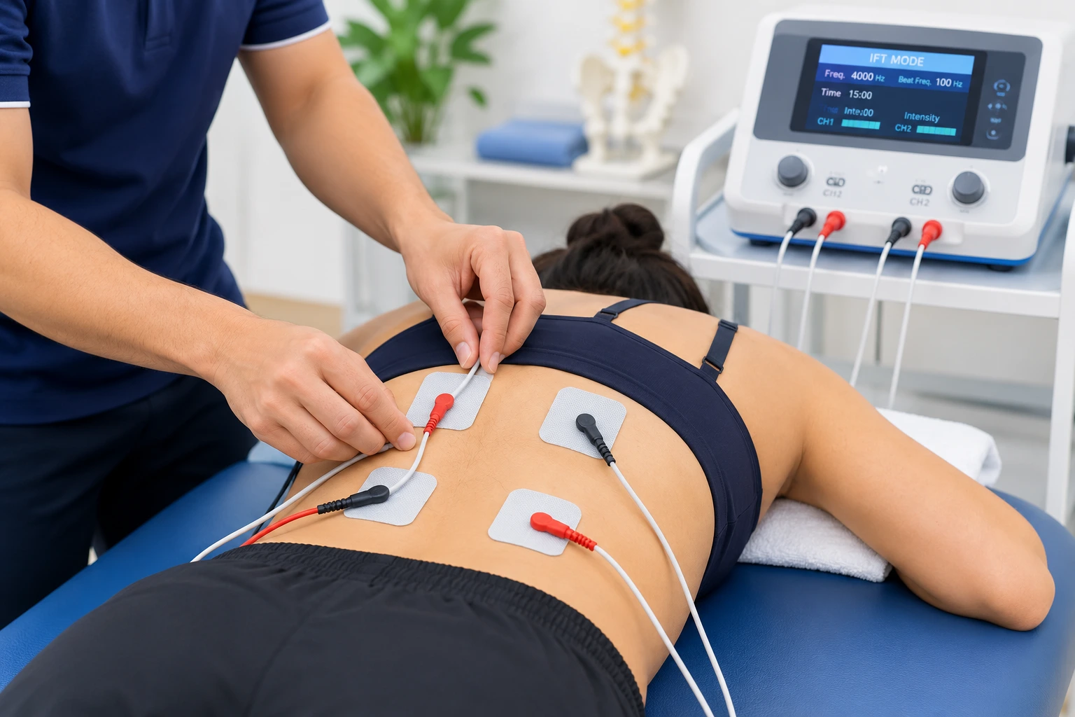 IFT physiotherapy electrode placement for lower back pain treatment
