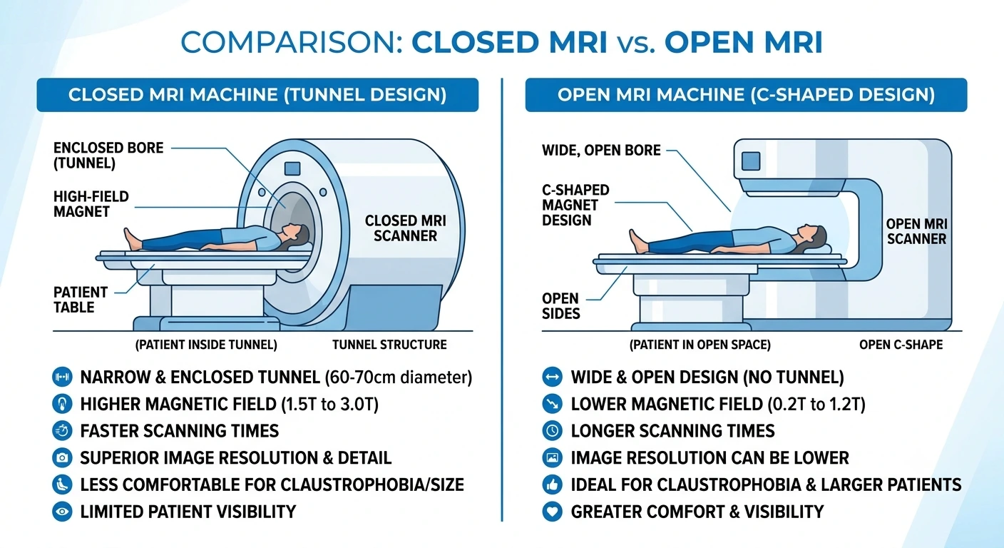 Open MRI vs closed MRI machine comparison diagram