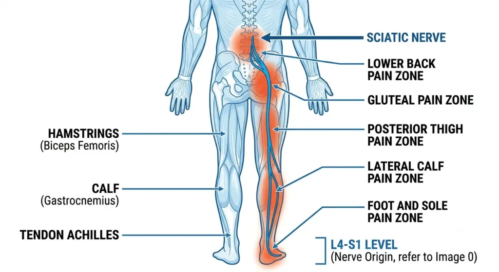 Sciatic nerve pain distribution diagram illustrating sciatica vs herniated disc symptom patterns