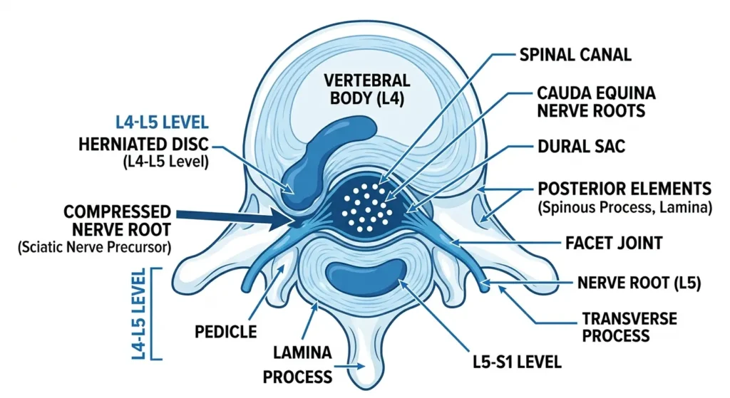  Diagram showing sciatica vs herniated disc — herniated disc compressing the sciatic nerve root